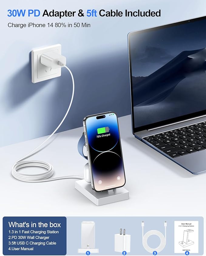 30W Fast Charging Station for Multiple Devices -ADADPU 3 in 1 Charger Stand for iPhone 14/13/12/11 Pro Max XS XR 8 Plus(Not for 17/16/15) Charging Dock for AirPods Apple Watch Series 8/7/6/5/4/3/2/SE