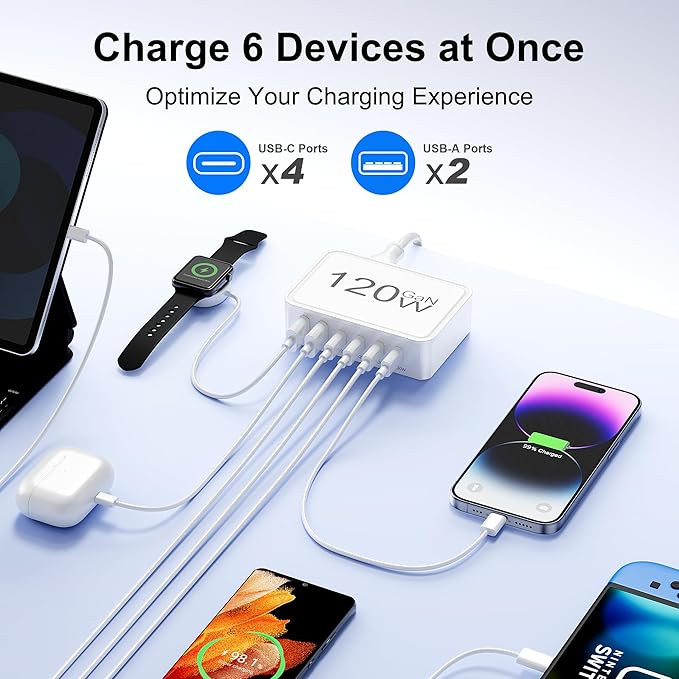 120W USB C Charger Block, 6 Port USB Charging Station for Multiple Devices, PD 30W Type C Multi Port Fast Charging Hub for iPhone 17 16 15 14 Pro Max ipad Samsung Galaxy, for Travel Home Office, White