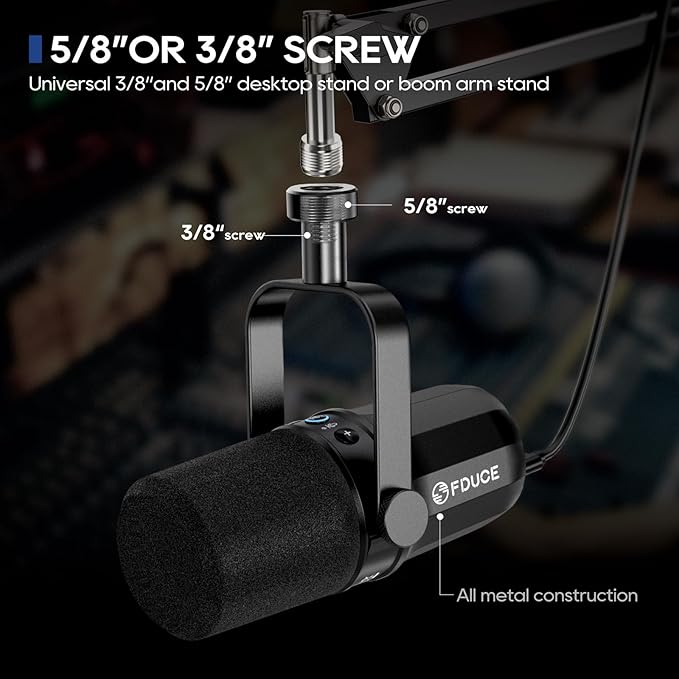 FDUCE SL40 USB/XLR Dynamic Microphone for Podcasting, Gaming, Live Streaming and Recording, Built-in Headphone Output, LED Mute Button, All Metal, Voice Isolation Technology