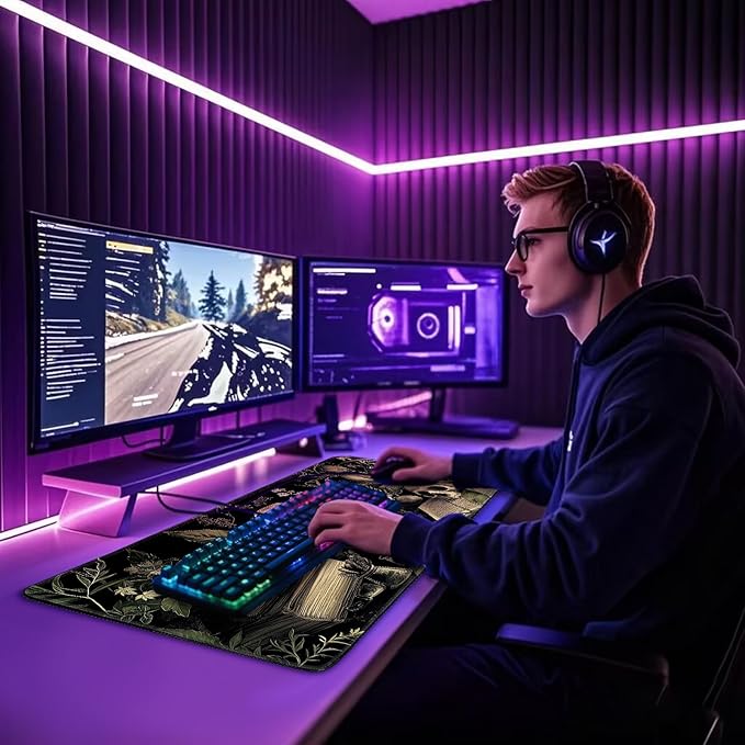 Gothic Dark Botanical Large Gaming Mouse Pad 31.5"x15.7"｜XXL Desk Mat, Non-Slip Rubber Base & Stitched Edges - Extended Waterproof Mousepad for PC/Laptop/Office/Home Decor