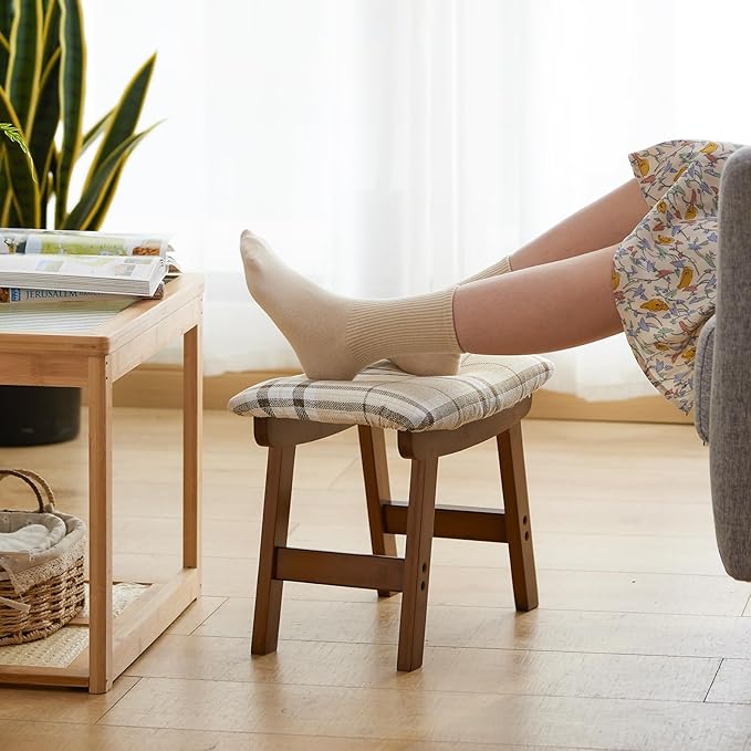 Foot Stool Ottoman Foot Rest Under Desk,Small Stool for Living Room, Bedroom and Kitchen (Brown Legs - Stripes Stool Surface)