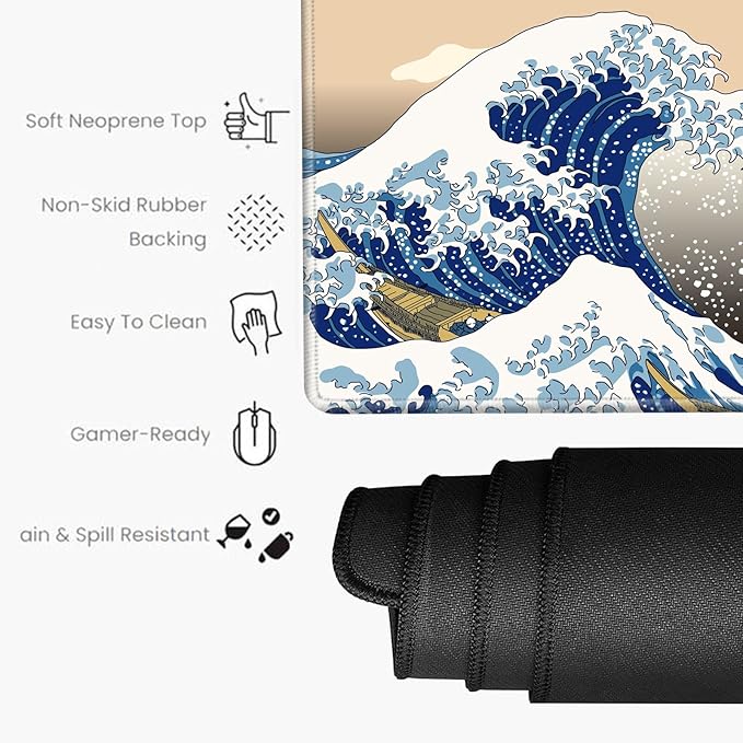 Gaming Mouse Pad Large Mousepad Japanese Sea Wave Desk Mat XXL Big Desk Pad 31.5x15.75 Rubber Base Computer Pad with Stitched Edges Mouse Mat for Work Game Home Office