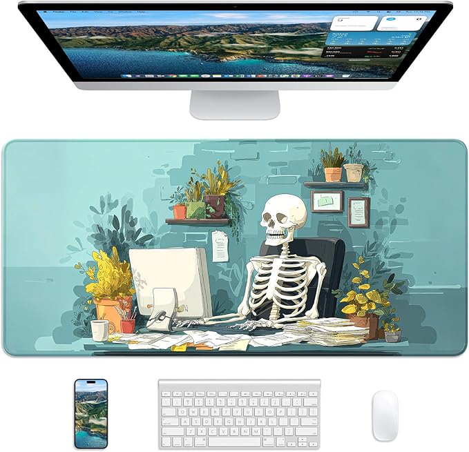 XL Gaming Mouse Pad, 31.5x15.7'' Large Desk Mat with Anti-Slip Rubber Base & Stitched Edges for Gaming, Office, Home - Office Skeleton