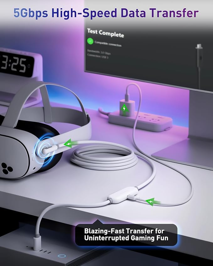 Maxonar VR Charging Link Cable 15FT – Charge While Playing PC VR, USB 3.0 Stable Data, Built to Replace Meta Link Cable for Quest 3S / Quest 3 / Quest 2 / Pico 4 White