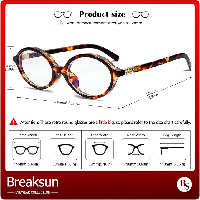 Breaksun Fashion Oval Glasses for Women Men Retro Round Tortoise Frame Blue Light Glasses Nerd Eyeglasses