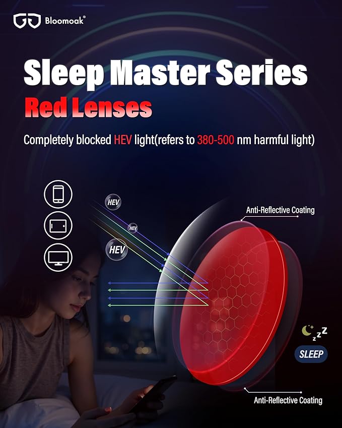 Bloomoak 100% Red Lens Blue Green Light Blocking Glasses- Dual AR Coatings Sleep Glasses Before Bed - Anti Glare, Fatigue