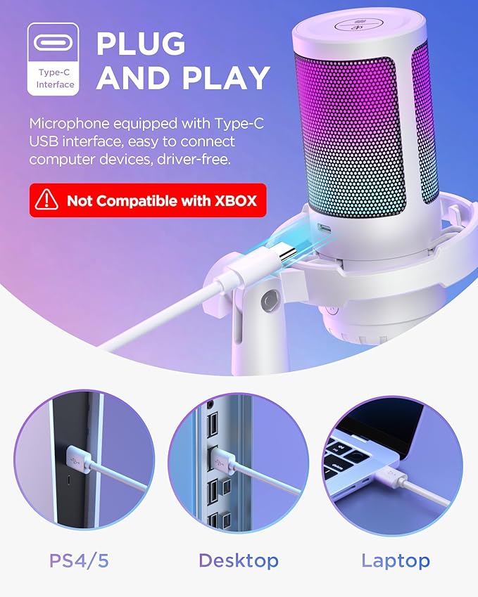 InnoGear Gaming USB Microphone, Noise Cancellation Condenser Mic with Mute, Gain, RGB Indicator, Boom Arm Stand for Streaming, Podcast, Twitch, YouTube, Discord, PC, Computer, PS4, PS5, Mac, White