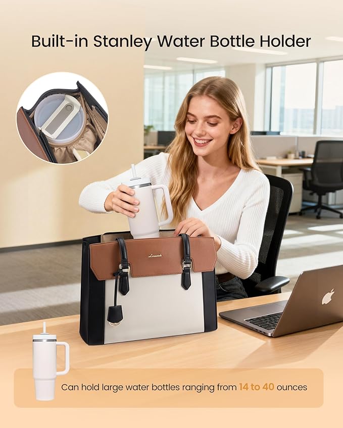 LOVEVOOK Laptop Tote Bag for Women,Computer Work Bag With Large Cup Holder,15.6 Inch Waterproof PU Leather Purse Briefcase for Teacher