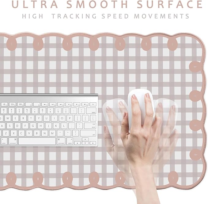 Cute Pink Scalloped Desk Mat Kawaii Pastel Retro Checkered Large Mouse Pad Boho Aesthetic Vintage Stitched Nonslip Pad Office Girl Women Desk Decor Computer Keyboard & Mouse 31 * 15.7in