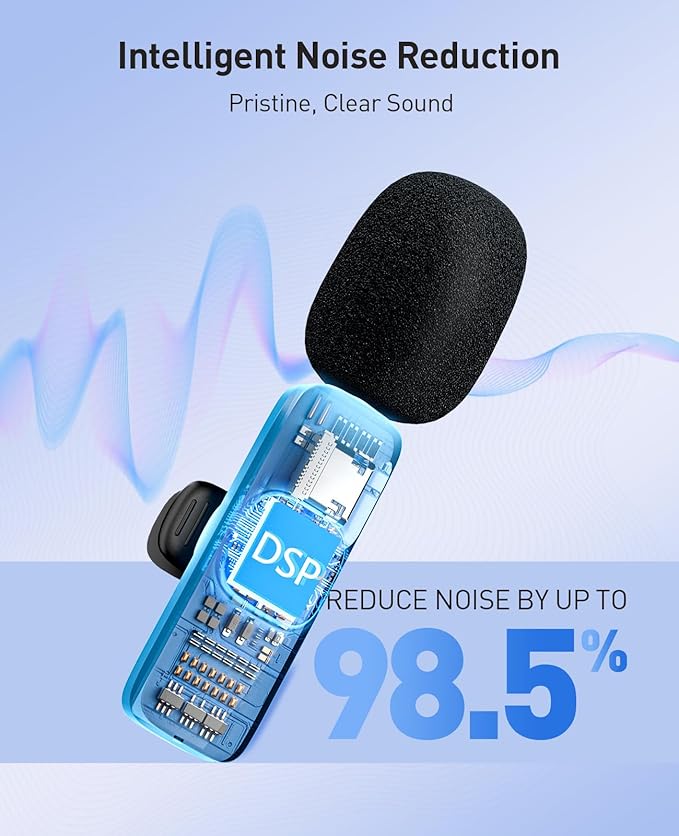 3-in-1 Mini Microphone for iPhone: Wireless Lavalier Microphone with 80ft Range & 15H Battery - Noise Reduction Lapel Mic, Real-Time Monitoring for Video Recording, Vlog, Bright Black