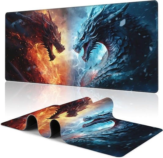 Desk Pad,Japanesev Anime Fire Ice Dragons Mouse Pad,31.5"X15.7" Extended Gaming Mouse Pad Mat with Stitched Edge Non-Slip Base Big Desk Mat for Office Keyboard Laptop
