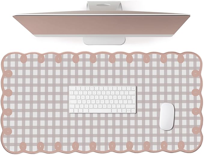 Cute Pink Scalloped Desk Mat Kawaii Pastel Retro Checkered Large Mouse Pad Boho Aesthetic Vintage Stitched Nonslip Pad Office Girl Women Desk Decor Computer Keyboard & Mouse 31 * 15.7in