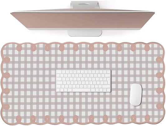 Cute Pink Scalloped Desk Mat Kawaii Pastel Retro Checkered Large Mouse Pad Boho Aesthetic Vintage Stitched Nonslip Pad Office Girl Women Desk Decor Computer Keyboard & Mouse 31 * 15.7in