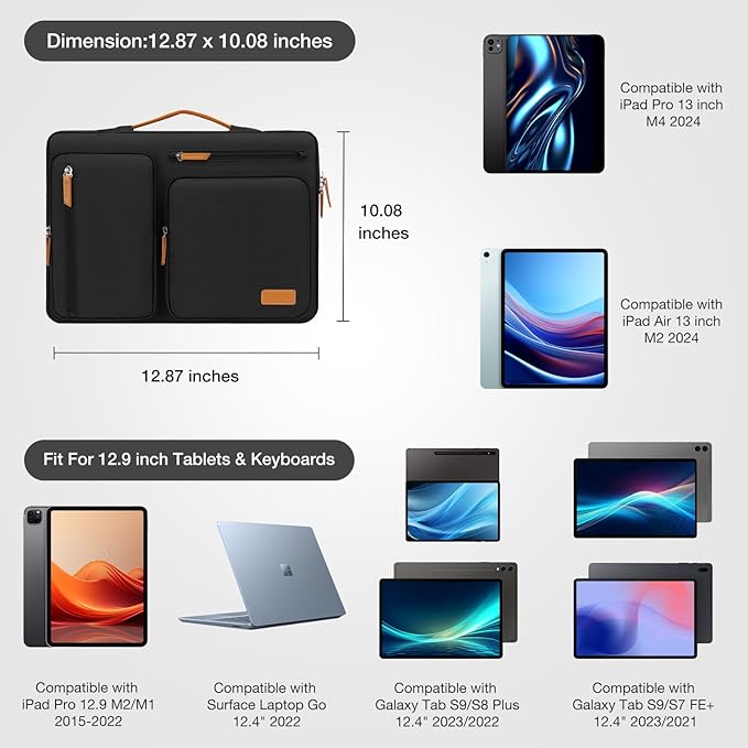 MOSISO 12.9 inch Tablet Sleeve Case for iPad Pro 13 M4 & iPad Air 13 M3 M2, iPad Pro 12.9 M2 M1 6/5th with Magic Keyboard&Smart Keyboard Folio, Side Open Carrying Bag with 4 Zipper Pockets, Black