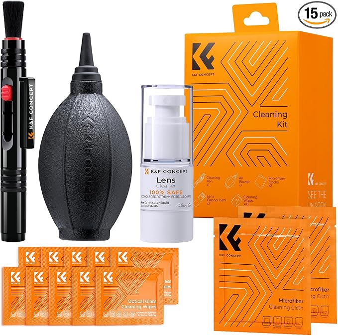 K&F CONCEPT 15-in-1 Camera Lens Cleaning Kit with Camera Blower, Glasses Wipes*10, Cleaning Liquid, Microfiber Cleaning Cloth*2, Lens Cleaning Pen for DSLR Camera Lens Filter Cell Phones by KFCONCEPT