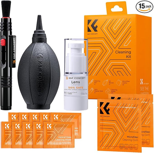 K&F CONCEPT 15-in-1 Camera Lens Cleaning Kit with Camera Blower, Glasses Wipes*10, Cleaning Liquid, Microfiber Cleaning Cloth*2, Lens Cleaning Pen for DSLR Camera Lens Filter Cell Phones by KFCONCEPT