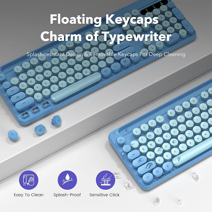 Wireless Keyboard and Mouse Combo, Retro Round Keycaps, Full-Size Cute Typewriter Keyboard with Large Phone/Tablet Holder, Auto-Sleep, 2.4GHz Cordless Connection for Windows/PC/Laptop (Sky Blue)