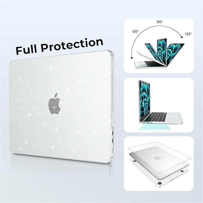 EooCoo Case Compatible with MacBook Air 13 inch M5 2026-2022 Release M4 M3 M2 A3449 A3240 A3113 A2681, Glitter Hard Shell&Keyboard Skin Cover&Screen Protector for Mac Air 13.6 inch, Sparkly Clear