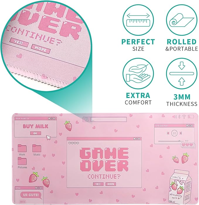 Pink Gaming Mouse Pad 27.6x11.8 Inch Pastel Game Over Large Mousepad Kawaii Office Decor for Women Non-Slip Rubber Base Stitched Edges Keyboard Mouse Mat Desk Pad for Office Home and Game