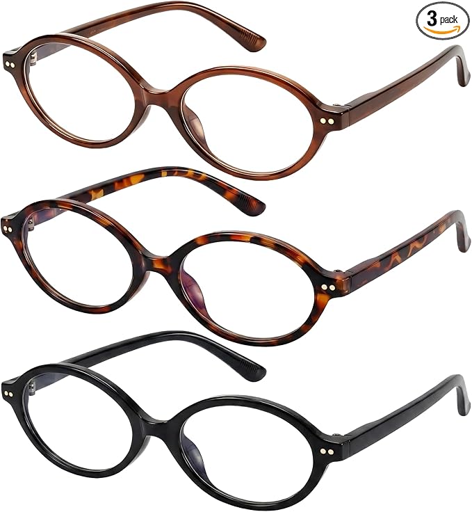 3 Pack Oval Blue Light Glasses for Women, Lightweight TR90 Small Frame with Spring Hinge for All-Day Comfort, Anti UV Glare & Eyestrain