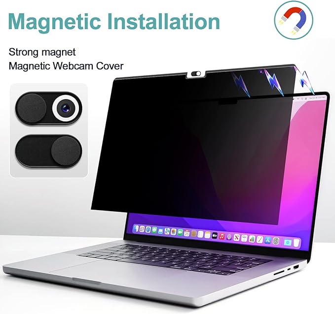 IPROKKO Magnetic Privacy Screen for MacBook Pro 16 Inch (2021-2026, M1, M2, M3, M4, M5, Pro, Max), Removable Anti Blue Light Glare Private Spy Filter Screen Cover Compatible with 16.2" Mac Laptop [2-in-1 Privacy Kit]