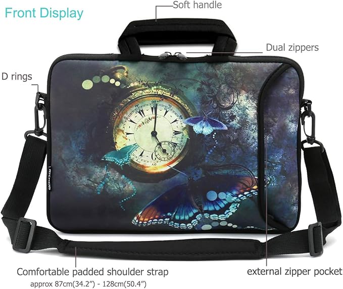 RICHEN 14 15 15.4 15.6 inch Laptop Shoulder Bag Messenger Bag Notebook Handle Sleeve Neoprene Carrying Case with Accessories pocket (14-15.6 inch, Clock & Butterfly)