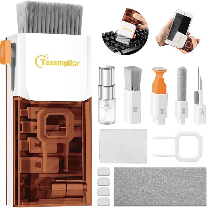 Tassmpitor Laptop Screen Keyboard Cleaner Kit, All in 1 Electronics Cleaning Tool for MacBook iPad iPhone Pro Cell Phone, Brush Tool for Tablet, Computer, PC Monitor,TV Camera Lens with Patent, Brown by Tassmpitor