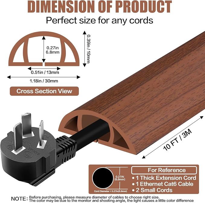 Floor Cord Cover Self Adhesive Cord Hider,10FT Cable Management, Extension Strip Protector for Wires, Prevent Cable Trips for Offices, Gyms, Exhibitions Cavity:0.39"(W) x 0.27"(H) Wood Red Teak - Image 2