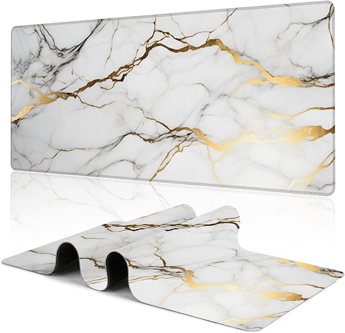 Desk Mat,Gold Line Marble Gaming Mouse Pad,31.5""X15.7"" Large Desk Pad with Stitched Edge Non-Slip Base Keyboard Big Mouse Pad for Office Home Work Gaming-White, WDQ-D02