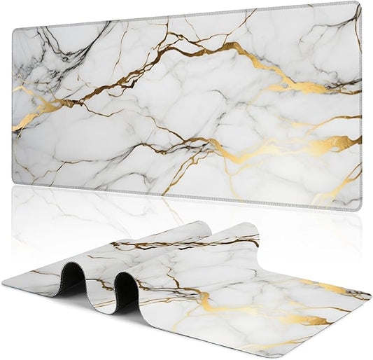 Desk Mat,Gold Line Marble Gaming Mouse Pad,31.5""X15.7"" Large Desk Pad with Stitched Edge Non-Slip Base Keyboard Big Mouse Pad for Office Home Work Gaming-White, WDQ-D02