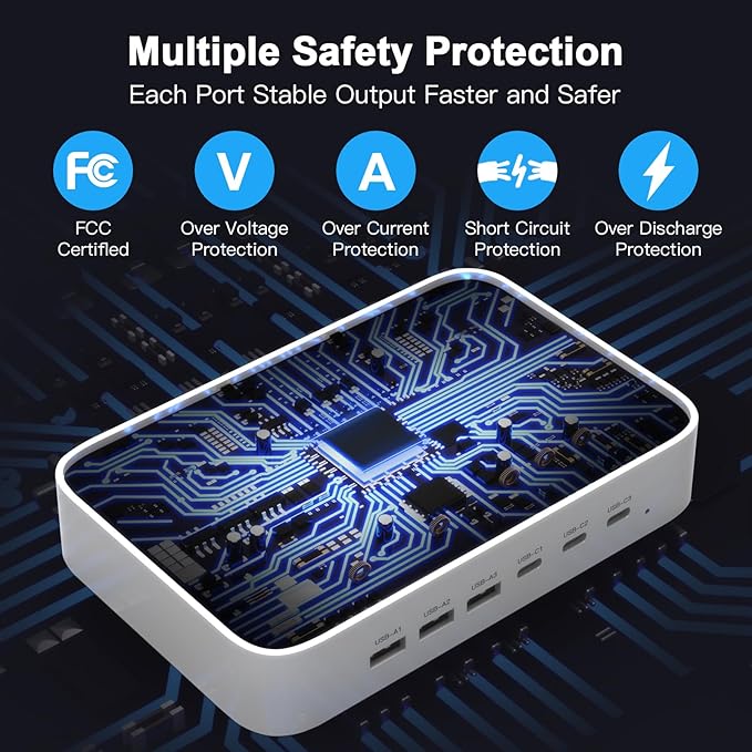 MSTJRY 90W 6-Port USB C Fast Charging Station for Multiple Devices, Multi PD Charger Station for iPhone iPad Tablet Phone, Charging Dock Organizer with Adjustable Dividers for Home Office Classroom