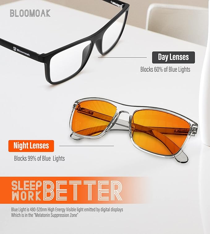 Bloomoak 100% Red Lens Blue Green Light Blocking Glasses- Dual AR Coatings Sleep Glasses Before Bed - Anti Glare, Fatigue