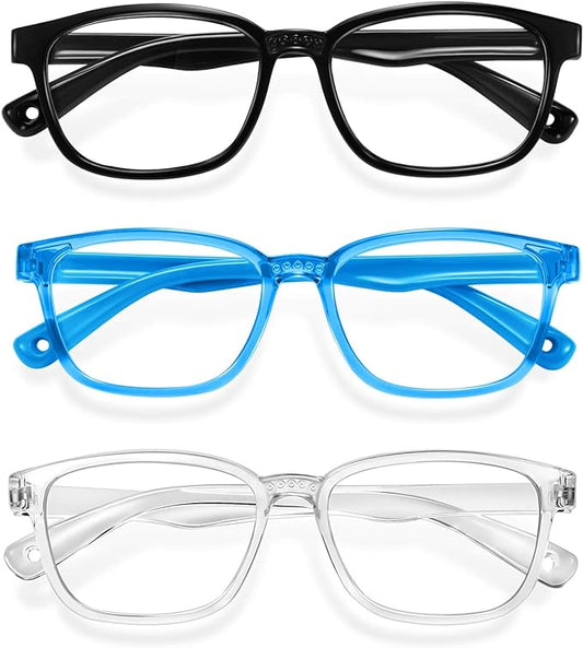 Okany Blue Light Glasses for Kids 3 Pack Anti Glare & Eye Strain Glasses Computer TV Phone Tablets UV Protection Glasses for Kids Boys Girls Age 3-12(Black + Transparent blue + Transparent)