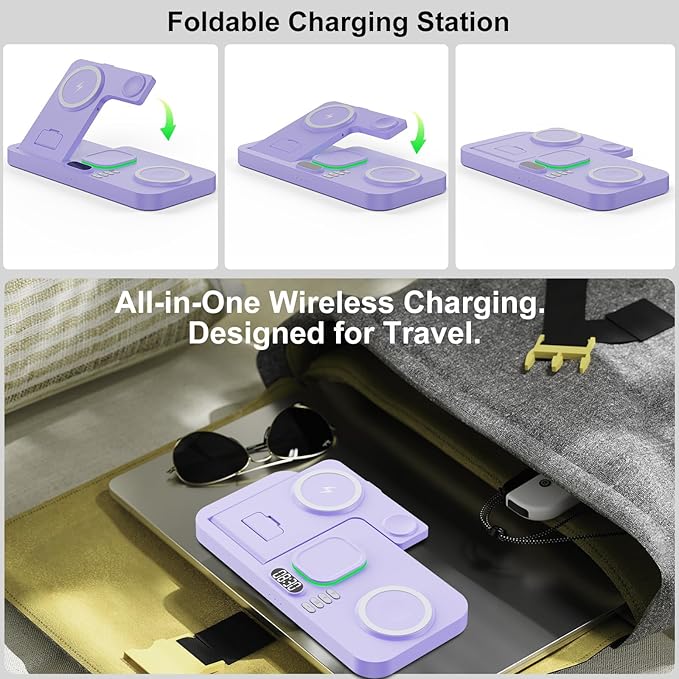 Dual Phone Magnetic Wireless Charging Station for Apple Ecosystem, Wireless Charging Station for Apple Devices with Auto Switch 7-Color Light & Clock,for iPhone17,for iwatch10, for AirPods Pro3（Puple