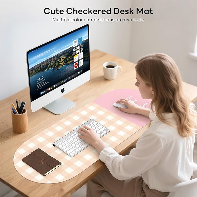 Checkered Pattern Desk Pad Protector, 35.5 x 13'' Aesthetic Mouse Mat for Desktop, Waterproof PU Leathe Non-Slip Desk Writing Pad for Office and Home, Orange and Pink
