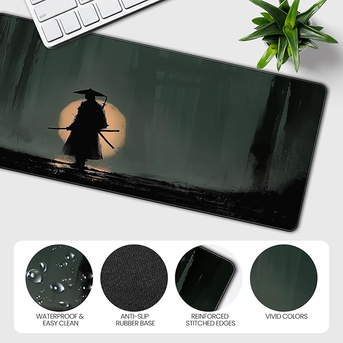 35.4 x 15.7 inch, XXL Extra-Large Gaming Mousepad, Featuring a Japanese Lone Samurai Design, a wear-Resistant, Scratch-Resistant, and Waterproof Surface, and a Non-Slip Rubber Base.