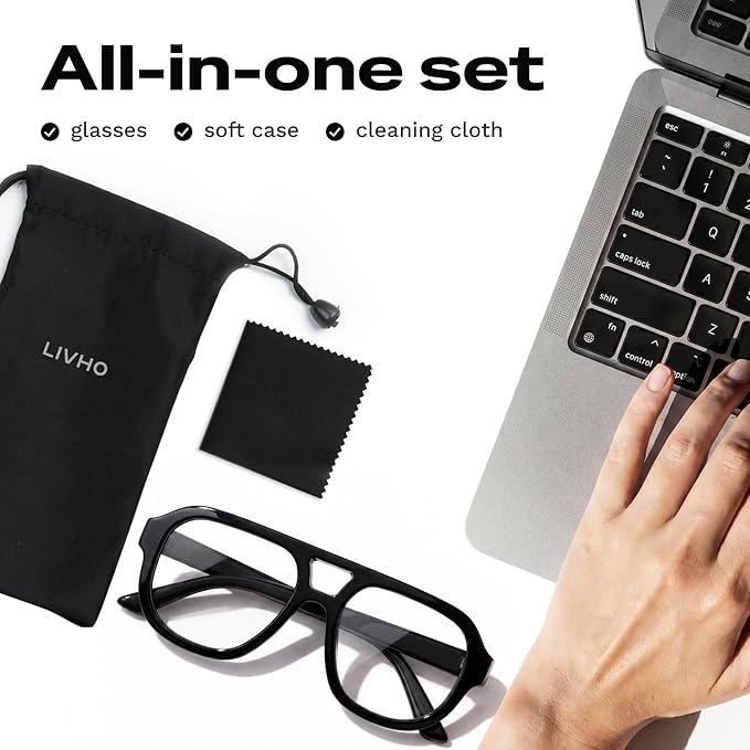 livho Retro Aviator Blue Light Blocking Glasses for Women Men with Soft Case, Trendy Rectangle Computer Eyeglasses