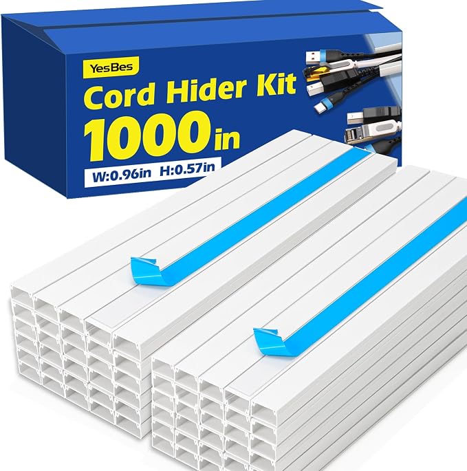 1000in Cord Hider Kit, Cord Covers for Wires on Wall, Paintable Cable Raceway, Cord Hider for Wall Mount tv, tv Cable Hider Wall kit, Wire Covers for Cords, 64X L15.7 X W0.96in X H0.57in, White by YesBes