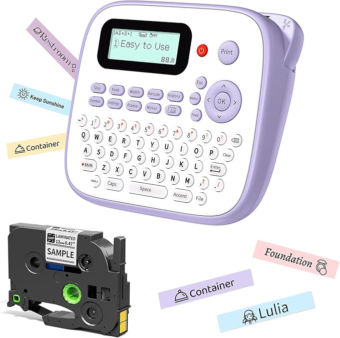 Label Maker Machine with-Tape Waterproof, Desktop Label Maker, Portable Labelmaker Purple for Teachers Kids Classroom, Labeler with Multiple Symbols &Fonts for Home Office School Use, D210S