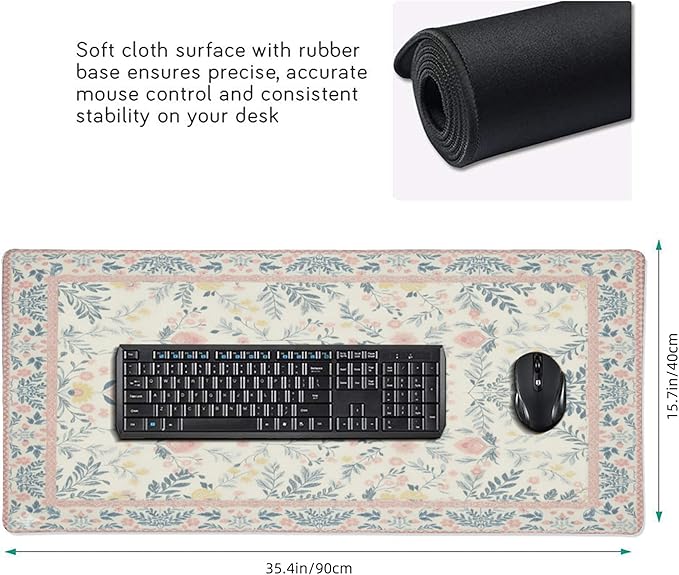 XXL Large Floral Mouse Pad - Pink Flower Desk Mat with Stitched Edges & Anti-Slip Base, Cute Computer Keyboard Mat for Office & Home, Desk Decor for Women