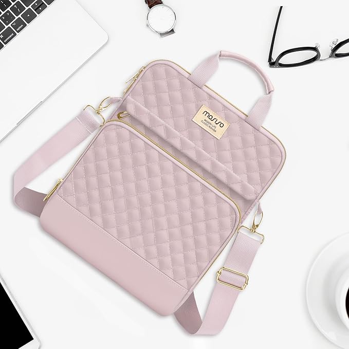 MOSISO 12.9 inch Tablet Sleeve Bag for iPad Pro 13 M4&iPad Air 13 M3 M2,iPad Pro 12.9 M2 M1 6/5,Surface Laptop Go 12.4,Galaxy Tab S8+/S9+ 12.4,Square Quilted Carrying Case with 2 Pockets, Pink