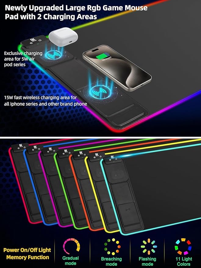 XXL Mouse Pad with Foldable Phone Holder - Black, RGB Desk Mat with 15W Fast Charging, LED Gaming Mousepad with 11 Light Colors, Waterproof Non-Slip Pad (Stand-XXL RGB Black PD Adapter)