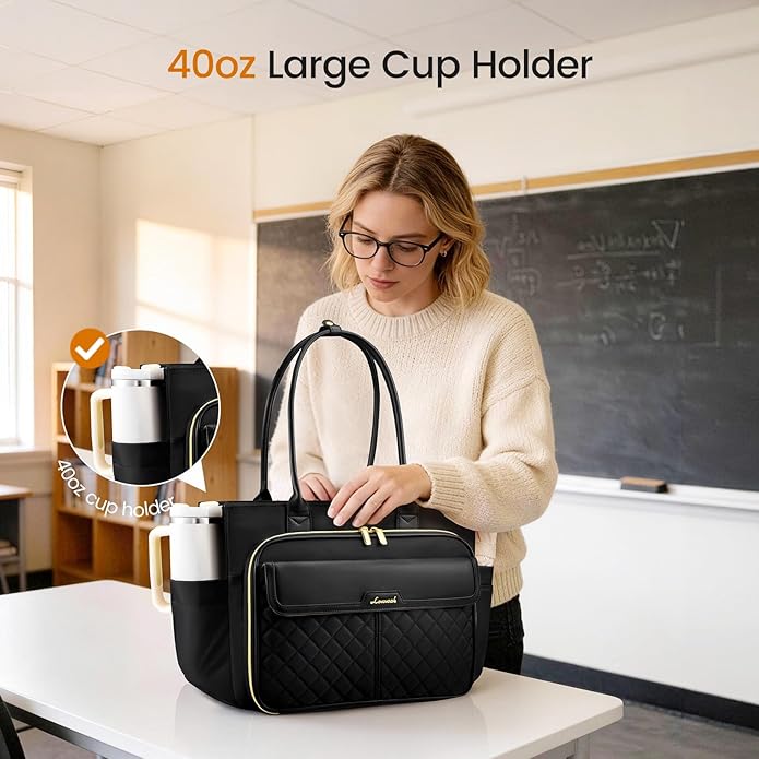 LOVEVOOK Teacher Tote Bag for Women, Laptop Bag Briefcase with Accordion File Pocket, Nurse Handbag for Work, Travel, College | 40oz Cup Holder, Muli-Pockets