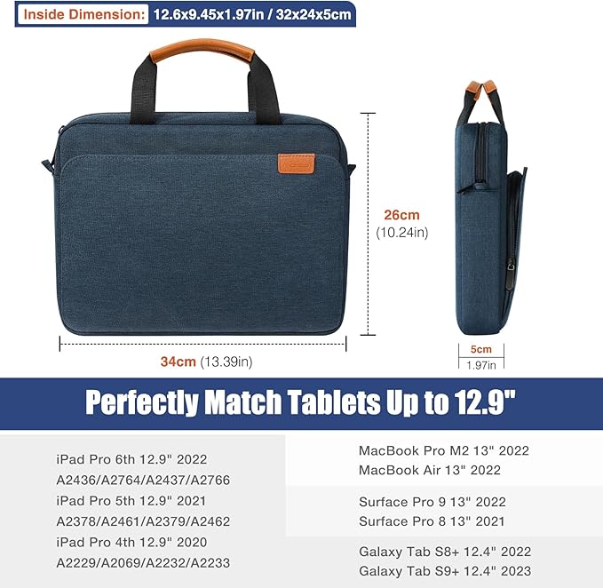 MoKo 13 Inch Tablet Sleeve Case Fits 13 Inch New iPad Pro M5 & Air M4 2026,iPad Pro 12.9 M2&M1,Surface Laptop Go 12.4,Galaxy Tab S8+/S9+ 12.4,Multi-Functional Pockets with Shoulder Strap, Indigo