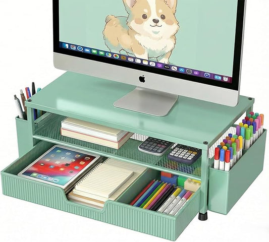 ECOLOVI Desk Organizer and Accessories, 2-Tier Computer Monitor Stand Rise with Storage Drawer & 2 Pen Holders, Laptop & Printer Stand for Desktop, Workspace Organizers for Office Supplies (Green)