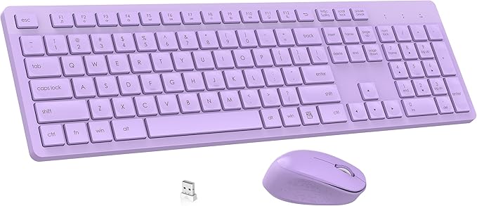 LeadsaiL Purple Wireless Keyboard and Mouse Combo, Full-Sized Ergonomic Computer Keyboard, 2.4GHz USB Cordless Keyboard Silent Mouse Set, 12 FN Shortcuts for Windows MacOS Laptop Computer