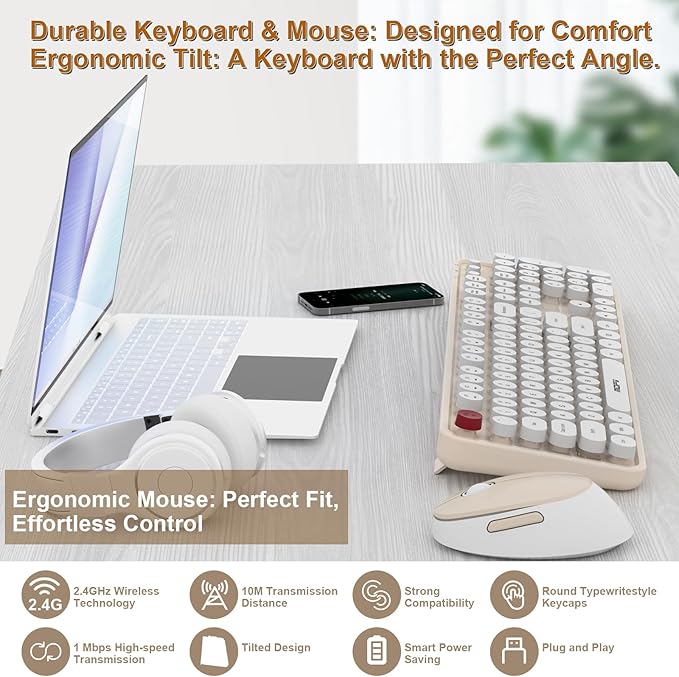 Cream Wireless Keyboard Mouse, COOFUN 104 Keys Full Size White Keyboard Ergonomic Cordless Keyboards Cute Colorful Retro Typewriter Key Board for Windows, PC, Laptop, Desktop (Creamy)