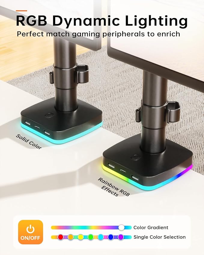 Afaloona RGB Dual Monitor Desk Mount, Monitor Stand with 3 USB Ports, Charging and USB Data Transfer Function, Adjustable Arms for 13-27" Monitors up to 17.6lbs, VESA 75x75-100x100mm,Ergonomic Design