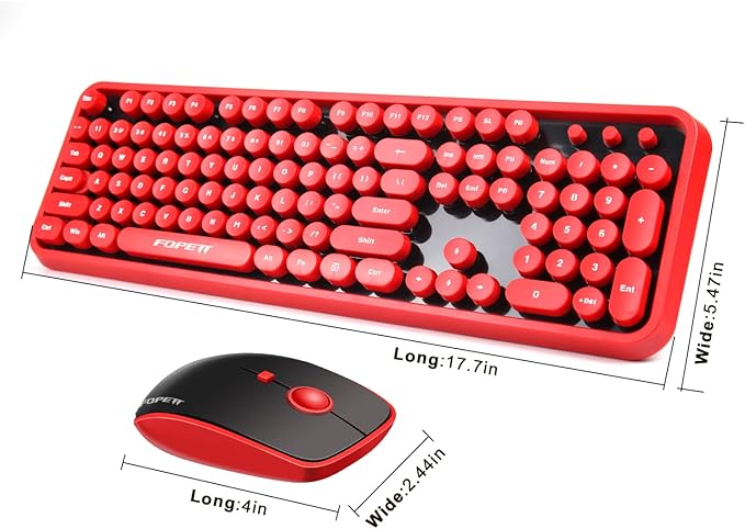 FOPETT Wireless Keyboard and Mouse Combo, 104 Keys Full-Sized 2.4 GHz Round Keycap Colorful Keyboards, USB Receiver Plug and Play, for Windows, Mac, PC, Laptop, Desktop (Black Red)