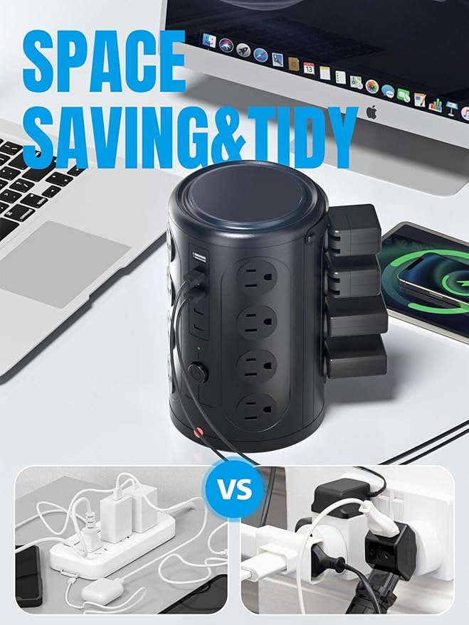 Tower Surge Protector Power Strip (16 AC Outlets + 5 USB Ports Including 2 Type-C), 5FT Extension Cord, 1800J Protector Charging Tower, Essential for Home/Office/Dorm